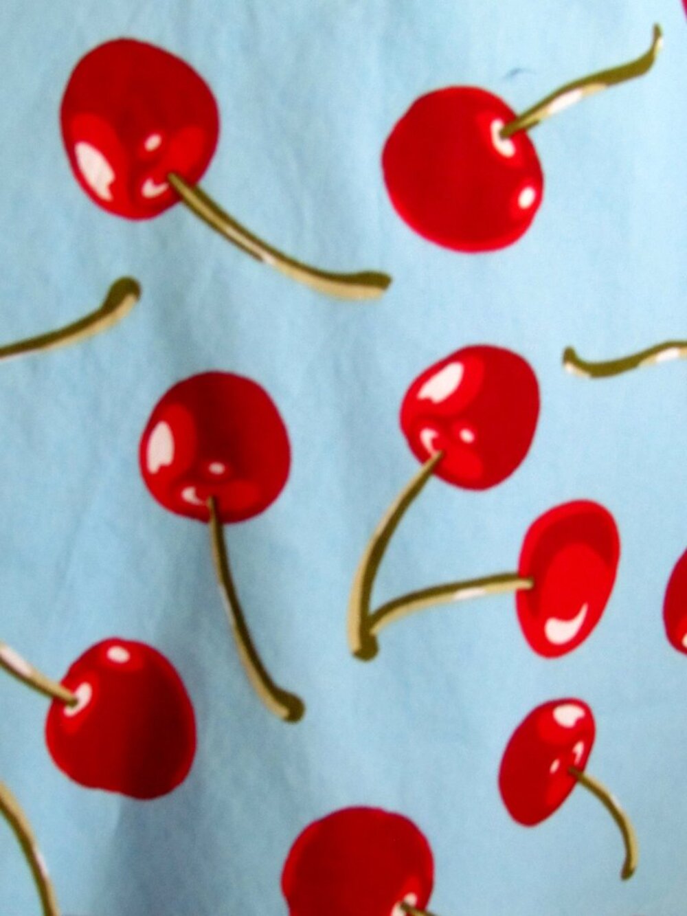FIT 'N FLARE CHERRY DRESS, RETRO 50s, L-XL, SWING SKIRT, TURQUOISE, RED CHERRIES - Picture 2 of 5